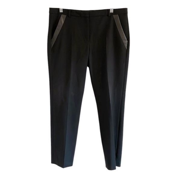 The Kooples Wool Pants Trousers Pleated Mid Rise Lamb Leather Trim Black 10 - Picture 1 of 8